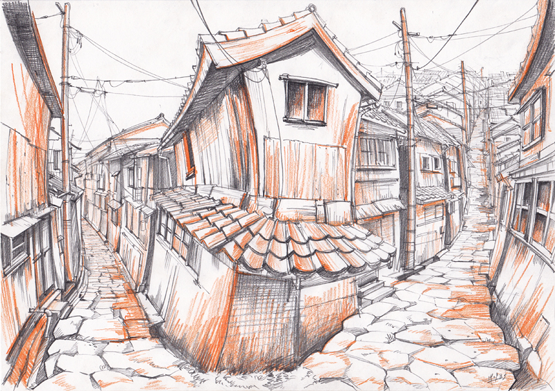 fumiko_no_kokuhaku, graphite_(medium), house, ishida_hiroyasu, perspective, power_lines, production_art, scenery