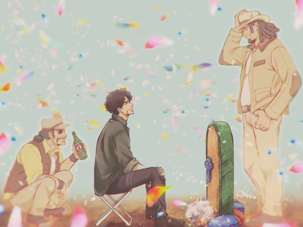 3boys, alcohol, artist_name, beard, black_footwear, black_hair, black_pants, bouquet