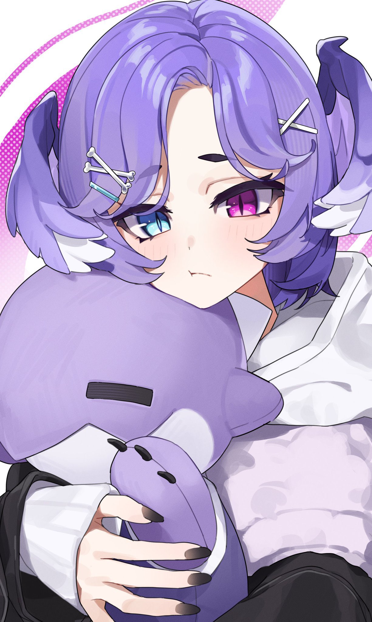 1girl, black_nails, blue_eyes, bone_hair_ornament, d4kou16, dragoon_(selen_tatsuki), hair_ornament, head_wings