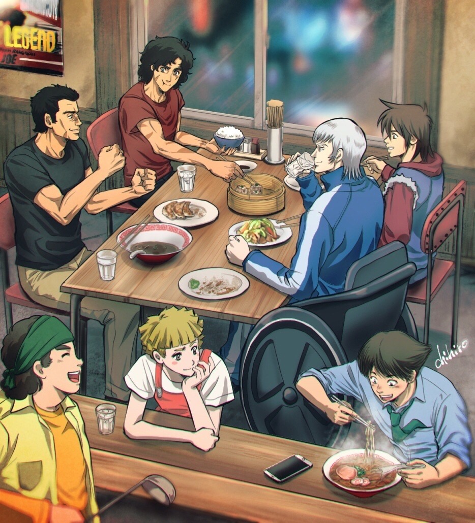 1girl, 6+boys, aragaki_(megalo_box), artist_name, bandana, black_hair, blonde_hair, blue_shirt, blush, bonjiri_(megalo_box), bowl, brown_hair, brown_pants, cellphone, chief_(megalo_box), chihiro_(jnkch6), chopsticks, clenched_hand, dumpling, eating, food, glass, green_bandana, holding, holding_ladle, hood, hoodie, jacket, jiaozi, joe_(megalo_box), ladle, megalo_box, multiple_boys, necktie, noodles, oicho_(megalo_box), pants, phone, ramen, red_hoodie, red_shirt, restaurant, rice_bowl, sachio_(megalo_box), santa_(megalo_box), scar, scar_on_arm, scar_on_face, shirato_mikio, shirt, sitting, t-shirt, wheelchair, white_hair, window, yellow_jacket, yellow_shirt, yuuri_(megalo_box)