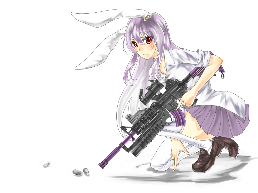 animal_ears, assault_rifle, grenade_launcher, gun, m203, m4_carbine, one_knee, reisen_udongein_inaba