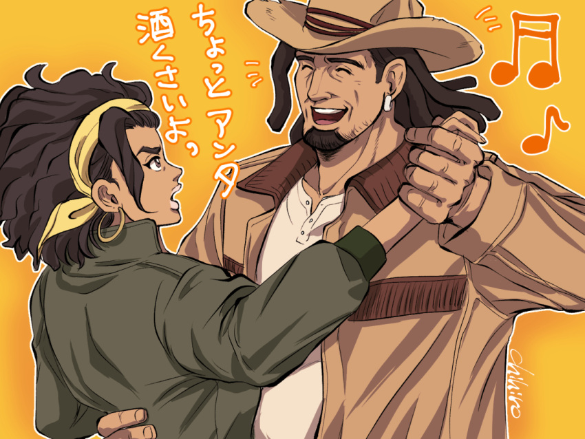 1boy, 1girl, artist_name, beamed_eighth_notes, brown_jacket, chief_(megalo_box), chihiro_(jnkch6), closed_eyes, dancing, dark-skinned_female, dark-skinned_male, dark_skin, dreadlocks, earrings, headband, hetero, hoop_earrings, jacket, jewelry, looking_at_another, marla_(megalo_box), megalo_box, musical_note, open_mouth, shirt, short_hair, white_shirt, yellow_background, yellow_headband