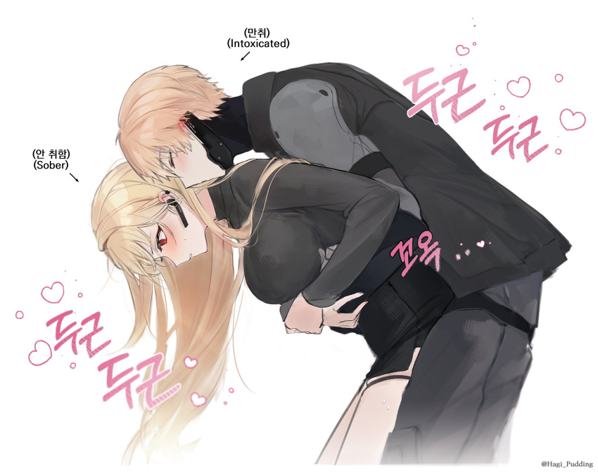 1boy, 1girl, black_jacket, black_shirt, blonde_hair, bodysuit, breasts, carrying