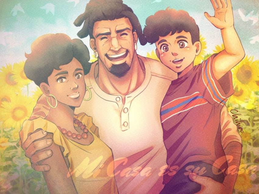 1girl, 2boys, aged_down, arm_around_shoulder, artist_name, bead_necklace, beads, beard, brown_eyes, chief_(megalo_box), chihiro_(jnkch6), child, closed_eyes, dark-skinned_female, dark-skinned_male, dark_skin, day, dreadlocks, dress, earrings, facial_hair, facing_viewer, family, flower, hoop_earrings, jewelry, looking_at_viewer, marla_(megalo_box), megalo_box, mio_(megalo_box), multiple_boys, necklace, outdoors, red_shirt, shirt, short_hair, spanish_text, sunflower, white_shirt, yellow_dress