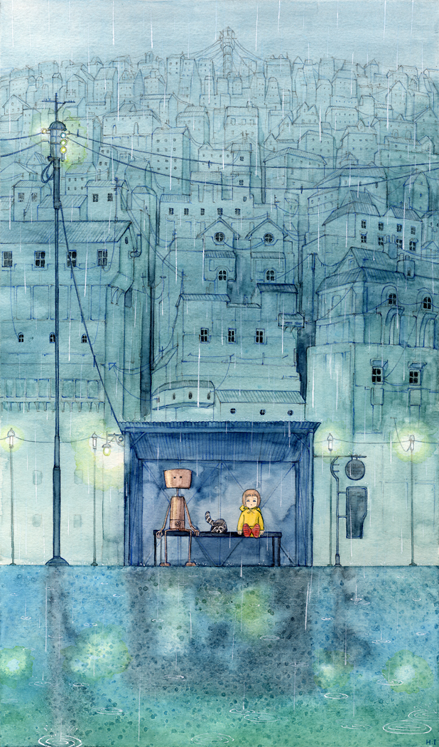 cityscape, ishida_hiroyasu, power_lines, raccoon, rain, robot