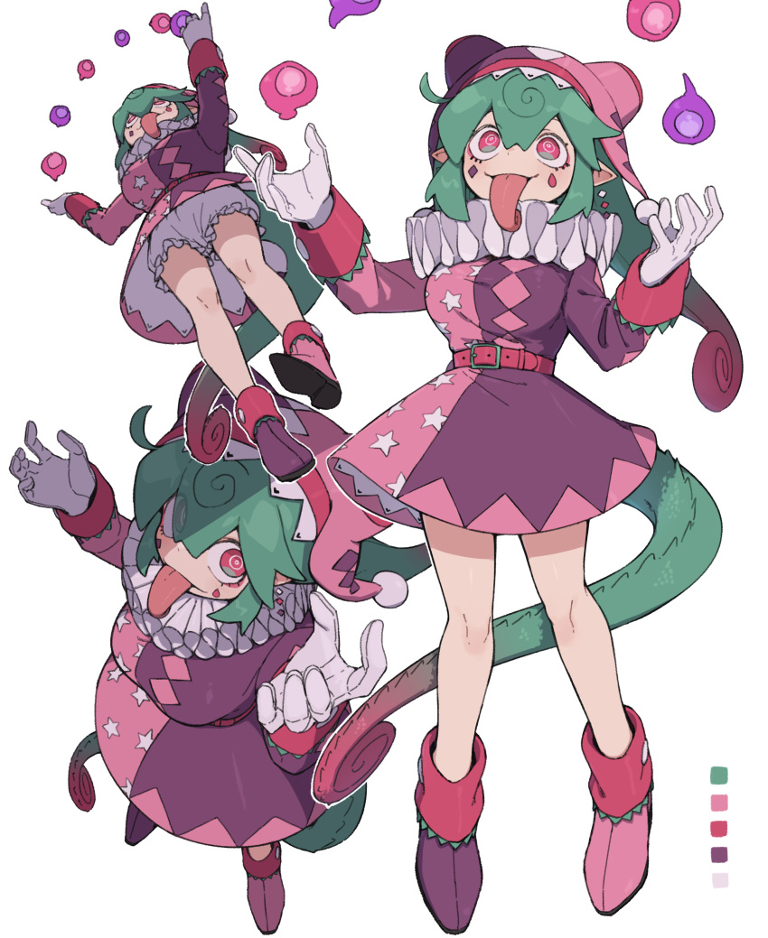1girl, absurdres, arms_up, asymmetrical_dress, asymmetrical_footwear, belt, bloomers, chameleon_girl