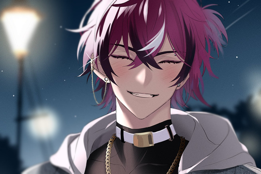 1boy, black_hair, blush, chain_necklace, closed_eyes, commentary, doppio_dropscythe, ear_piercing