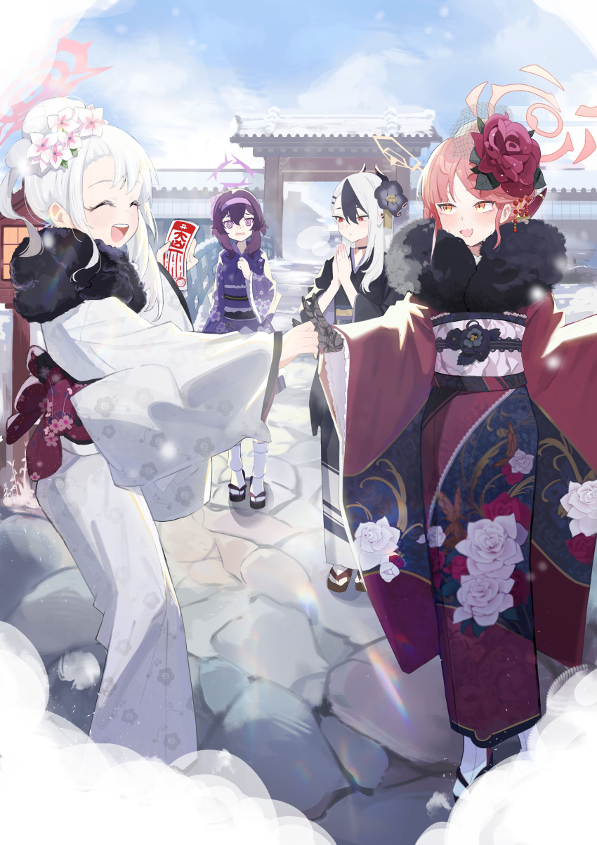 4girls, @_@, ^_^, absurdres, aru_(blue_archive), aru_(new_year)_(blue_archive), black_hair, blowing, blue_archive, boller_jiang, closed_eyes, floral_print, flower, fur-trimmed_kimono, fur_trim, hair_flower, hair_ornament, halo, haruka_(blue_archive), haruka_(new_year)_(blue_archive), highres, japanese_clothes, kayoko_(blue_archive), kayoko_(new_year)_(blue_archive), kimono, looking_at_another, multicolored_hair, multiple_girls, mutsuki_(blue_archive), mutsuki_(new_year)_(blue_archive), obi, official_alternate_costume, omikuji, outdoors, pink_hair, problem_solver_68_(blue_archive), purple_hair, sash, snow, snowing, socks, streaked_hair, tabi, white_hair, white_socks, wide_sleeves, yukata, zouri