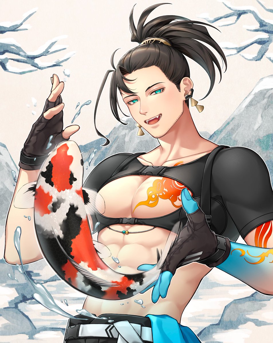 1boy, arm_tattoo, black_hair, blue_skin, chest_tattoo, colored_skin, earrings, fangs
