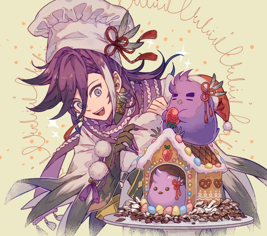 1boy, banzoin_hakka, bird, bird_nest, blue_eyes, chef_hat, christmas, colored_skin