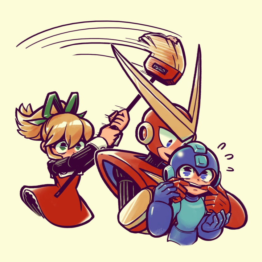 1girl, 2boys, blonde_hair, blue_eyes, broom, flying_sweatdrops, green_eyes, highres