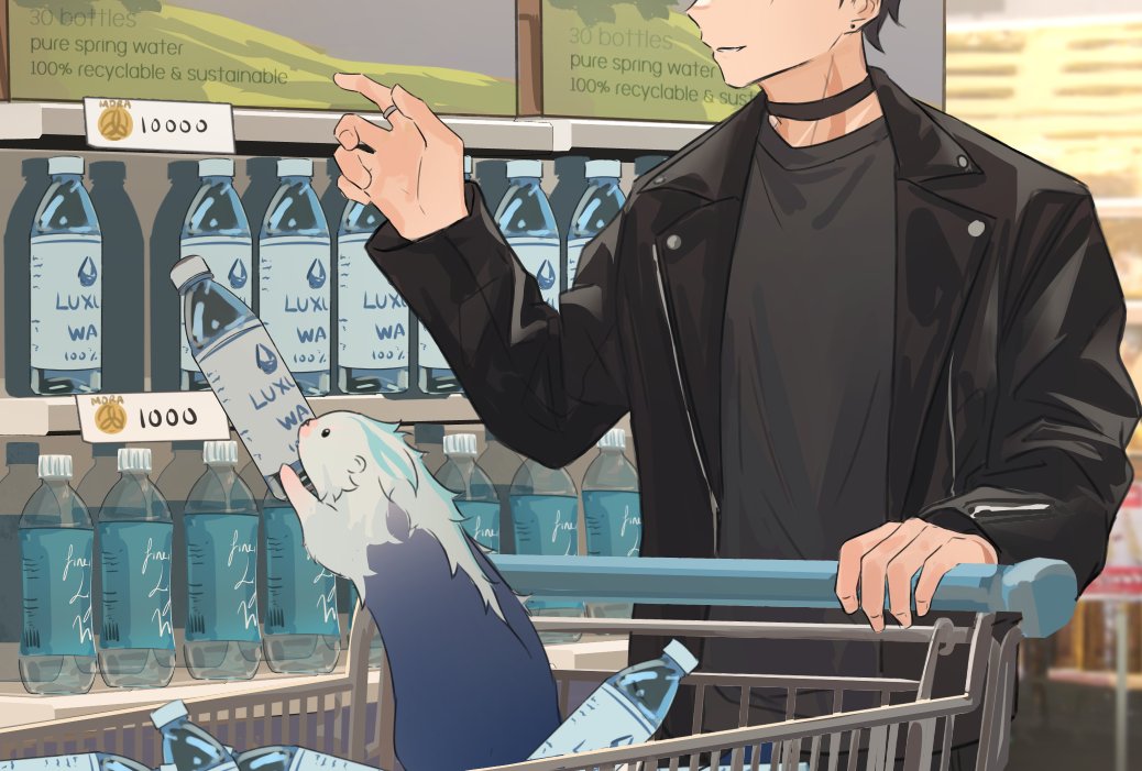1boy, animal, black_choker, black_hair, black_jacket, black_shirt, bottle, character_request, choker, earrings, english_commentary, english_text, genshin_impact, groceries, indoors, jacket, jewelry, male_focus, ring, shirt, shopping_cart, sora2396, standing, water, wriothesley_(genshin_impact)