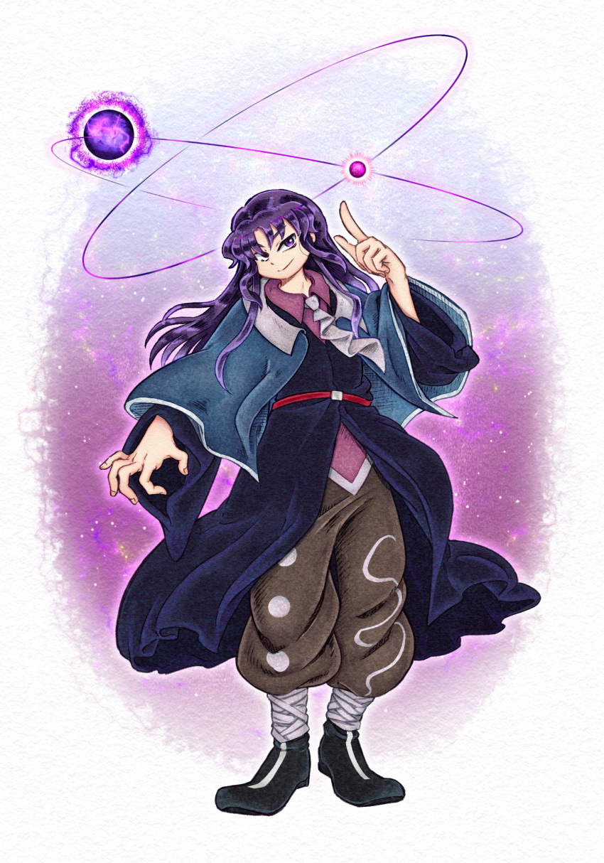 1other, androgynous, arm_up, bandaged_leg, bandages, black_coat, black_footwear, blue_capelet