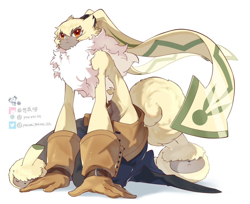 1other, :<, belt, black_belt, black_pants, body_fur, bosamon, brown_belt, brown_fur, brown_gloves, closed_mouth, curled_tail, digimon, digimon_(creature), evolutionary_line, floppy_ears, furry, gloves, highres, orange_eyes, pants, pyonmon, simple_background, symbareangoramon, tied_ears, twitter_username, white_background, white_fur, yellow_fur, yellow_tail, youzaiyouzai112