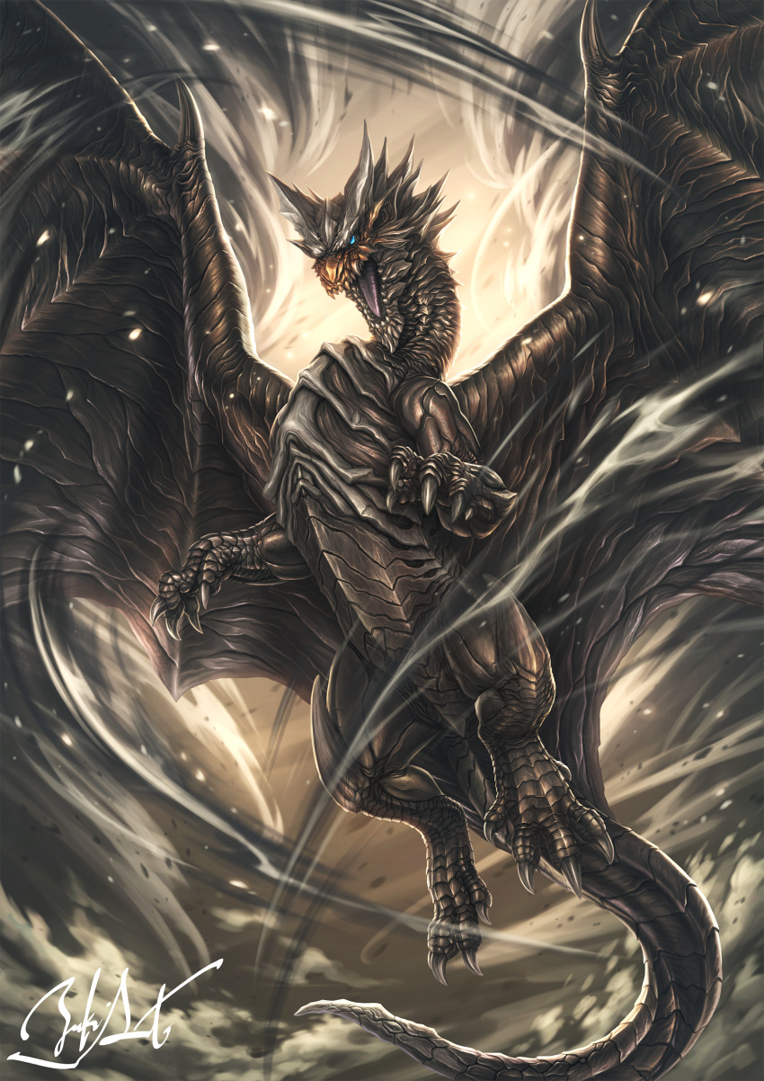 absurdres, blue_eyes, claws, dragon, flying, highres, horns, kushala_daora