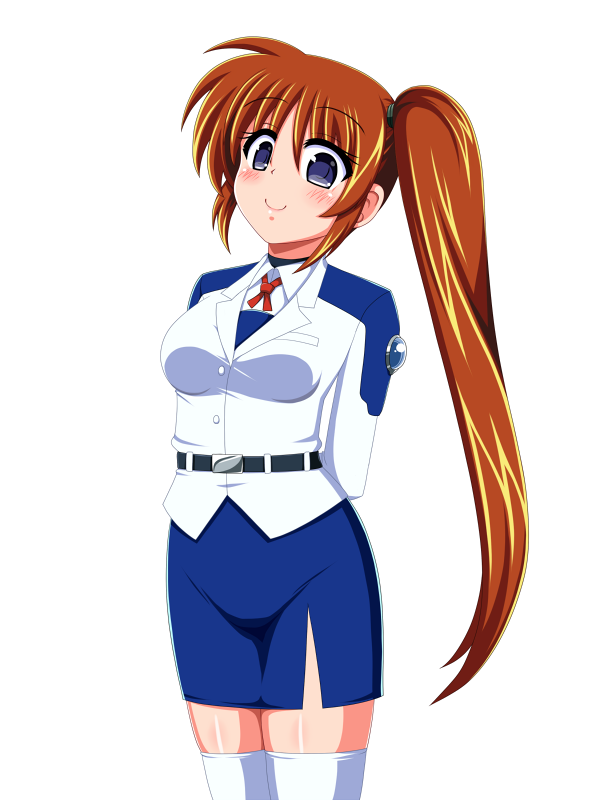 1girl, arms_behind_back, belt, belt_buckle, black_belt, blue_shirt, brown_hair, buckle