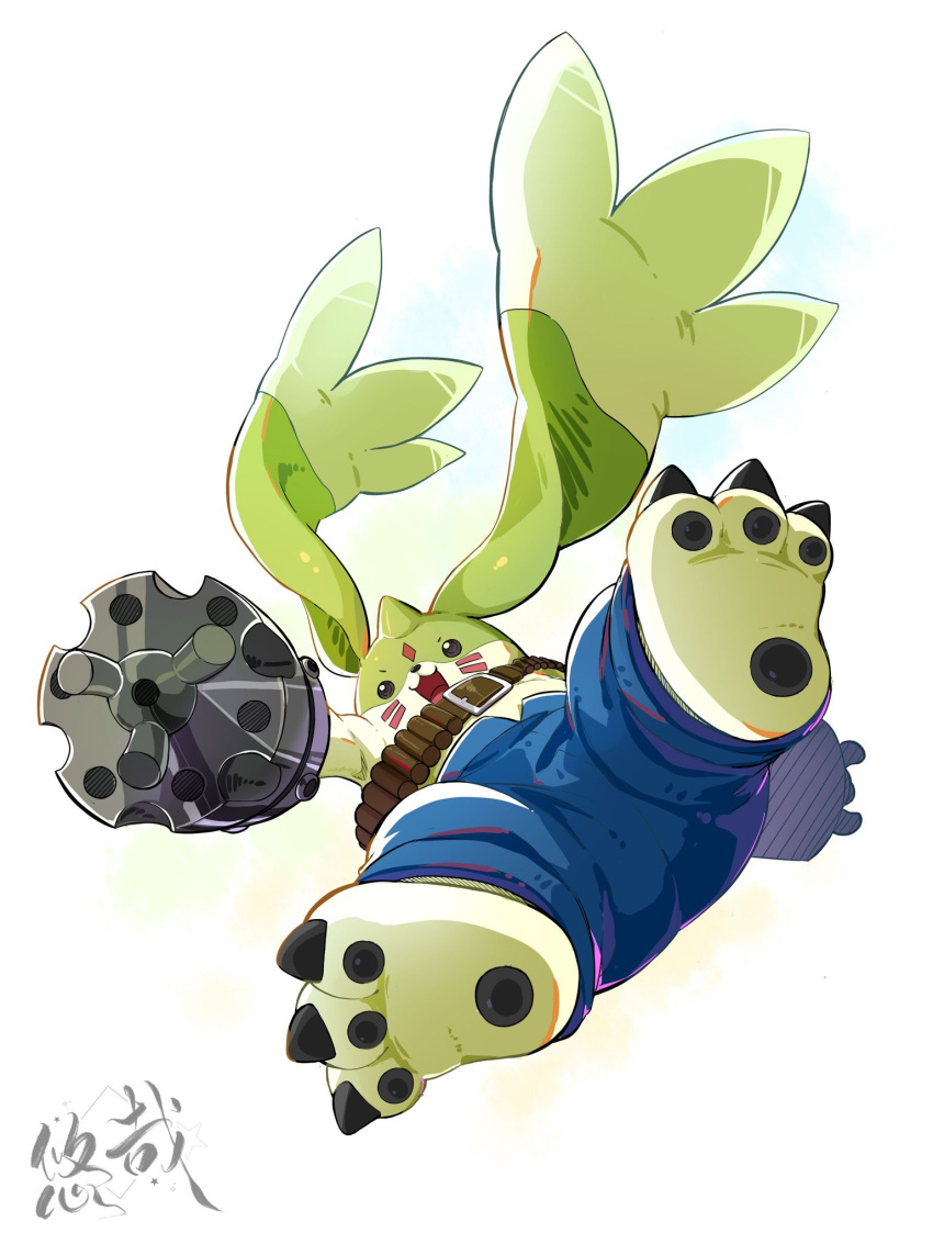 :3, :d, ammunition_belt, black_eyes, blue_pants, claws, digimon, digimon_(creature)