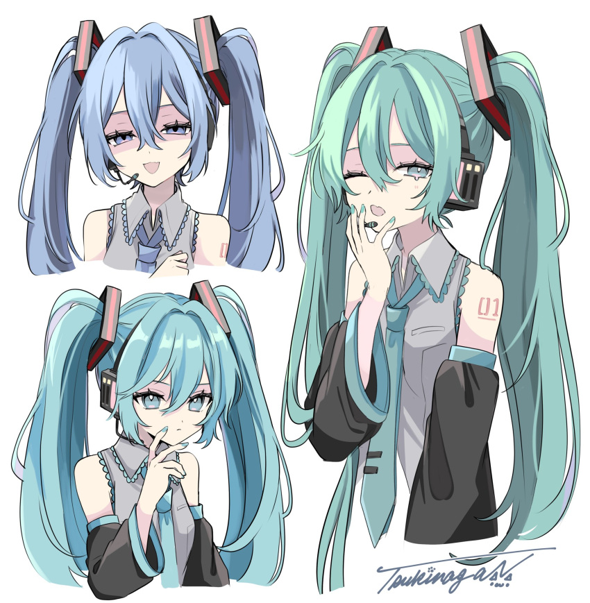 1girl, aqua_eyes, aqua_hair, aqua_nails, aqua_necktie, black_sleeves, blue_eyes, blue_hair, blue_necktie, closed_mouth, collared_shirt, commentary_request, cropped_torso, detached_sleeves, grey_shirt, hair_between_eyes, hair_ornament, half-closed_eyes, hand_up, hatsune_miku, headphones, highres, long_hair, long_sleeves, looking_at_viewer, microphone, multiple_views, naguno-0713, necktie, one_eye_closed, open_mouth, shirt, shoulder_tattoo, simple_background, sleeveless, sleeveless_shirt, tattoo, twintails, upper_body, vocaloid, white_background, yawning