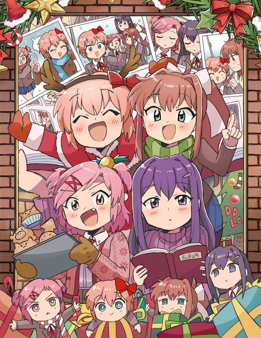 4girls, book, bow, box, brown_hair, closed_mouth, doki_doki_literature_club, fang, gift, gift_box, green_eyes, hair_bow, hair_ornament, hair_ribbon, hairclip, highres, holding, holding_book, index_finger_raised, long_hair, long_sleeves, looking_at_viewer, memosan, monika_(doki_doki_literature_club), multiple_girls, natsuki_(doki_doki_literature_club), photo_(object), pink_eyes, pink_hair, purple_sweater, red_bow, ribbon, sayori_(doki_doki_literature_club), short_hair, sweater, white_ribbon, x_hair_ornament, yuri_(doki_doki_literature_club)