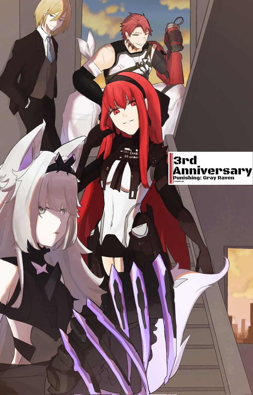 2boys, 2girls, animal_ears, anniversary, bandaged_arm, bandages, black_bodysuit, black_gloves, black_hairband, black_jacket, black_pants, blue_necktie, bodysuit, brown_sweater_vest, claw_(weapon), collared_shirt, dog_tags, elbow_gloves, gloves, grey_eyes, grey_hair, hair_intakes, hairband, highres, jacket, long_hair, long_sleeves, mechanical_arms, mechanical_ears, multiple_boys, multiple_girls, murray_(punishing:_gray_raven), n4gi5nagi, neck_tattoo, necktie, no.21:_feral_scent_(punishing:_gray_raven), no.21_(punishing:_gray_raven), noctis_(punishing:_gray_raven), orange_eyes, pants, parted_lips, punishing:_gray_raven, red_eyes, redhead, scar, scar_on_cheek, scar_on_face, scar_on_nose, shirt, short_hair, sidelocks, single_mechanical_arm, straight_hair, sweater_vest, tattoo, two-tone_bodysuit, vera:_rozen_(punishing:_gray_raven), vera_(punishing:_gray_raven), very_long_hair, weapon, white_bodysuit, white_pants, white_shirt, wide_sleeves, wolf_ears