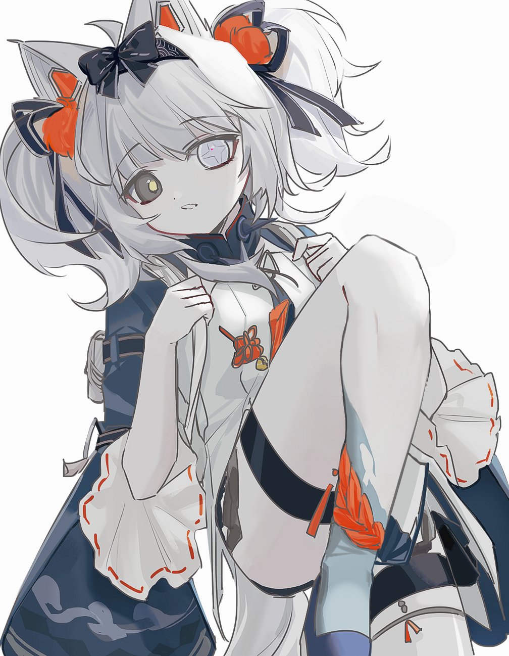 1girl, animal_ears, backpack, bag, black_eyes, chinese_clothes, cross-shaped_pupils, grey_eyes