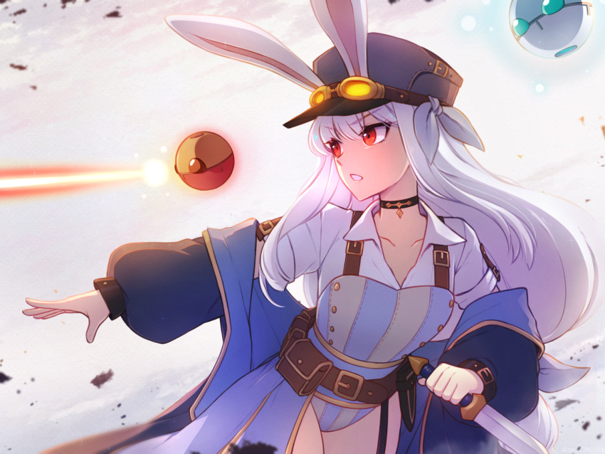 1girl, action_pose, choker, collarbone, dagger, flat_chest, goggles_on_headwear, hat
