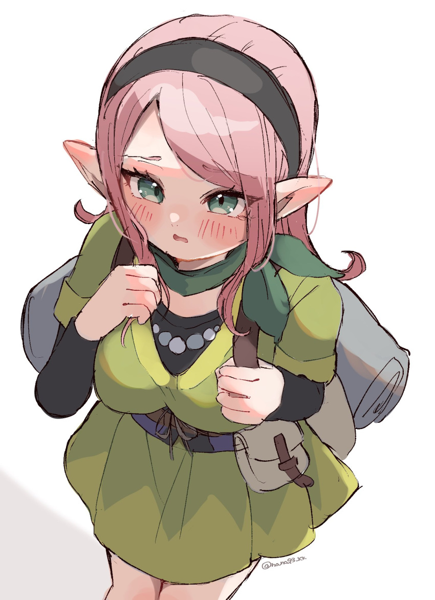 1girl, backpack, bag, black_hairband, black_shirt, blush, breasts, dragon_quest