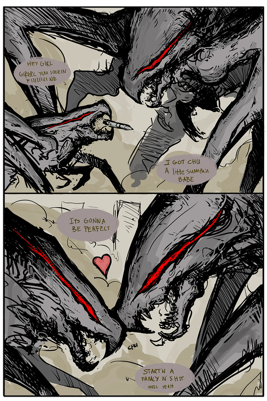bug, city, english_text, flirting, giant, giant_monster, godzilla_(2014), godzilla_(series), heads_together, heart, highres, kaijuu, m.u.t.o., missile, monster, monsterverse, multiple_legs, no_humans, open_mouth, red_eyes, size_difference, smoke, spaghettibastard, speech_bubble