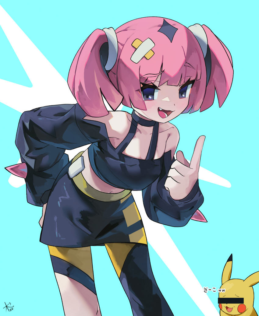 1girl, :d, absurdres, bandaid, bandaid_hair_ornament, bare_shoulders, belt, bent_over