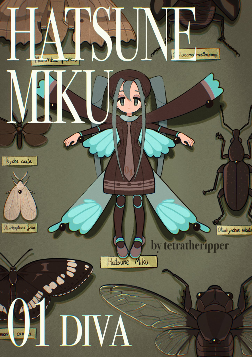 1girl, artist_name, blue_hair, blue_wings, brown_dress, brown_headwear, brown_necktie, bug