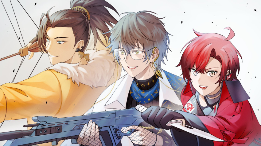 3boys, ahoge, black_gloves, black_hair, bow_(weapon), earrings, english_commentary, facial_hair