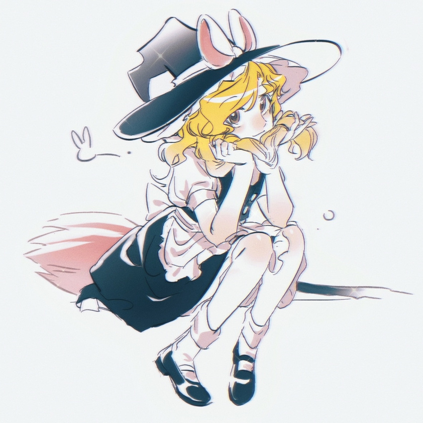 1girl, apron, black_footwear, black_skirt, black_vest, blonde_hair, broom, broom_riding
