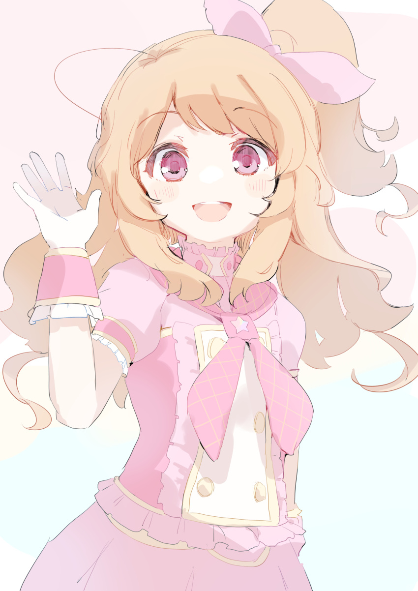 1girl, aikatsu!, aikatsu!_(series), blush, blush_stickers, bow, brown_hair, frills