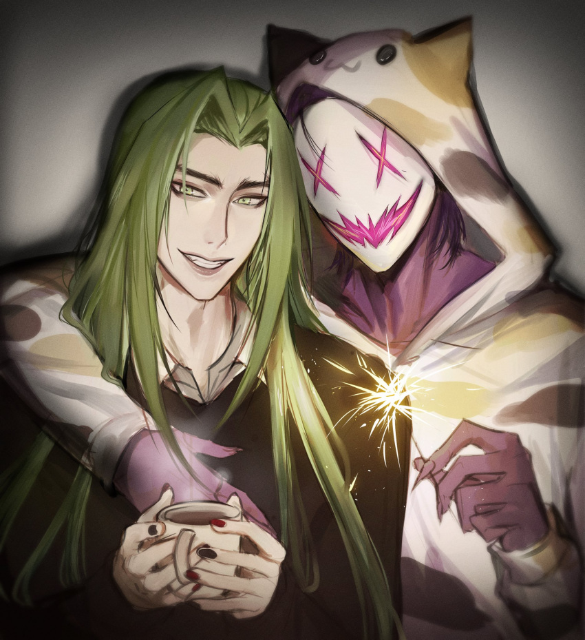 2boys, arm_around_shoulder, clenched_teeth, cup, demon, fingernails, fireworks, green_eyes