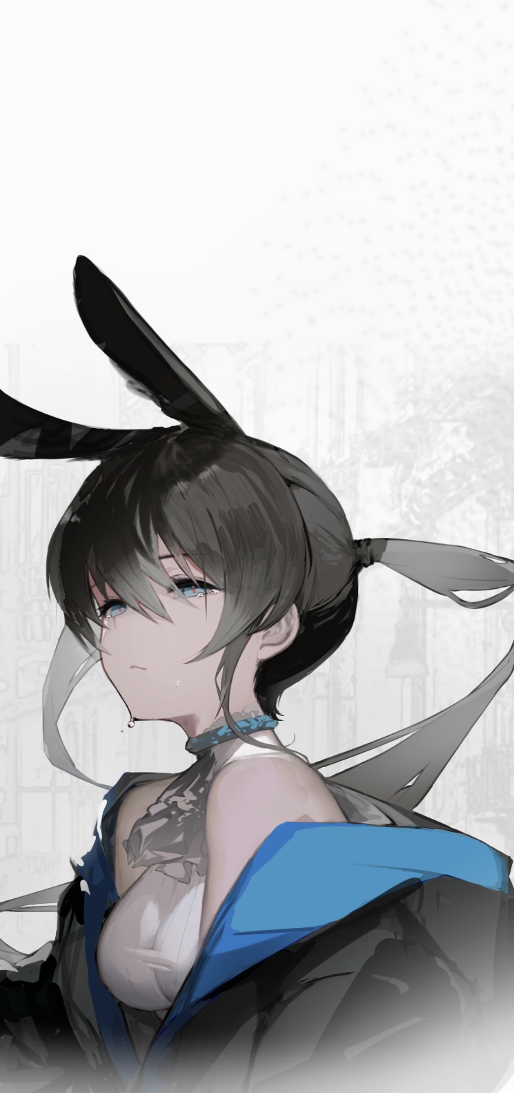 1girl, amiya_(arknights), animal_ears, anths, arknights, ascot, bare_shoulders, black_hood