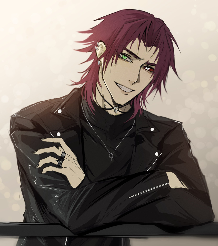 1boy, black_jacket, black_nails, black_shirt, clenched_teeth, colored_sclera, crossed_arms, earrings