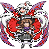 2girls, black_footwear, black_headwear, black_skirt, braid, brown_hair, capelet, commentary_request, demon_wings, dress, fedora, full_body, hat, long_hair, looking_at_viewer, lowres, multiple_girls, one_side_up, pixel_art, red_capelet, red_dress, reimufate, shinki_(touhou), side_braid, simple_background, skirt, touhou, touhou_(pc-98), touhou_lost_word, touhou_ningyougeki, usami_renko, white_background, white_hair, wings