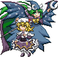 2girls, blonde_hair, blue_dress, blue_headwear, closed_mouth, commentary_request, dress, full_body, green_hair, hat, holding, holding_staff, long_hair, looking_at_viewer, looking_back, lowres, maribel_hearn, mima_(touhou), mob_cap, multiple_girls, pixel_art, purple_dress, reimufate, simple_background, smile, staff, touhou, touhou_(pc-98), touhou_lost_word, touhou_ningyougeki, white_background, white_headwear, wings, yellow_eyes