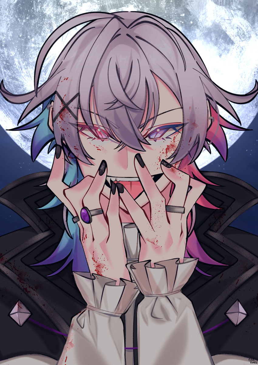 1boy, absurdres, black_cape, black_nails, blood, blood_on_clothes, blood_on_face, blood_on_hands, blue_hair, cape, earrings, ella_eves, fangs, frilled_sleeves, frills, full_moon, gavis_bettel, grey_hair, hair_between_eyes, halloween, heterochromia, highres, holostars, holostars_english, jewelry, male_focus, moon, multicolored_hair, multiple_rings, night, night_sky, portrait, ring, short_hair, sky, slit_pupils, smile, solo, vampire, virtual_youtuber