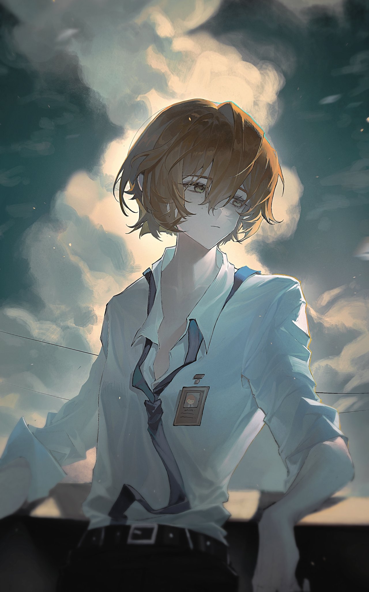 1girl, belt, black_belt, black_pants, blue_necktie, closed_mouth, day, evening