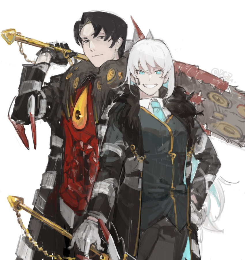 1boy, 1girl, angelica_(project_moon), bingbuliguozi, black_coat, black_gloves, black_vest, blue_eyes