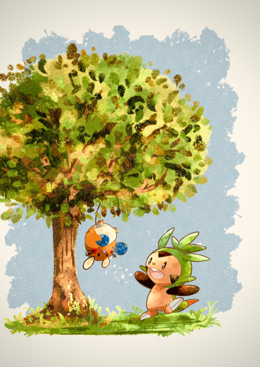 animal_focus, black_eyes, blue_sky, chespin, commentary_request, dedenne, hanging_on_tree, highres