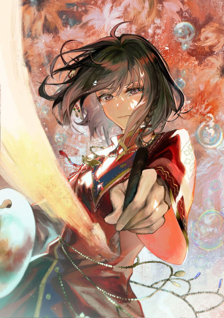 1girl, angst, braid, brown_eyes, bubble, commentary, cowboy_shot, crying, crying_with_eyes_open, dress, fallwithfall, foreshortening, hair_ornament, highres, holding, holding_paintbrush, holding_palette, kuuhaku_no_canvas_ni_egaku_watashi_wa_(project_sekai), paintbrush, painting_(medium), palette_(object), project_sekai, red_dress, serious, shinonome_ena, short_hair, solo, tears, traditional_media
