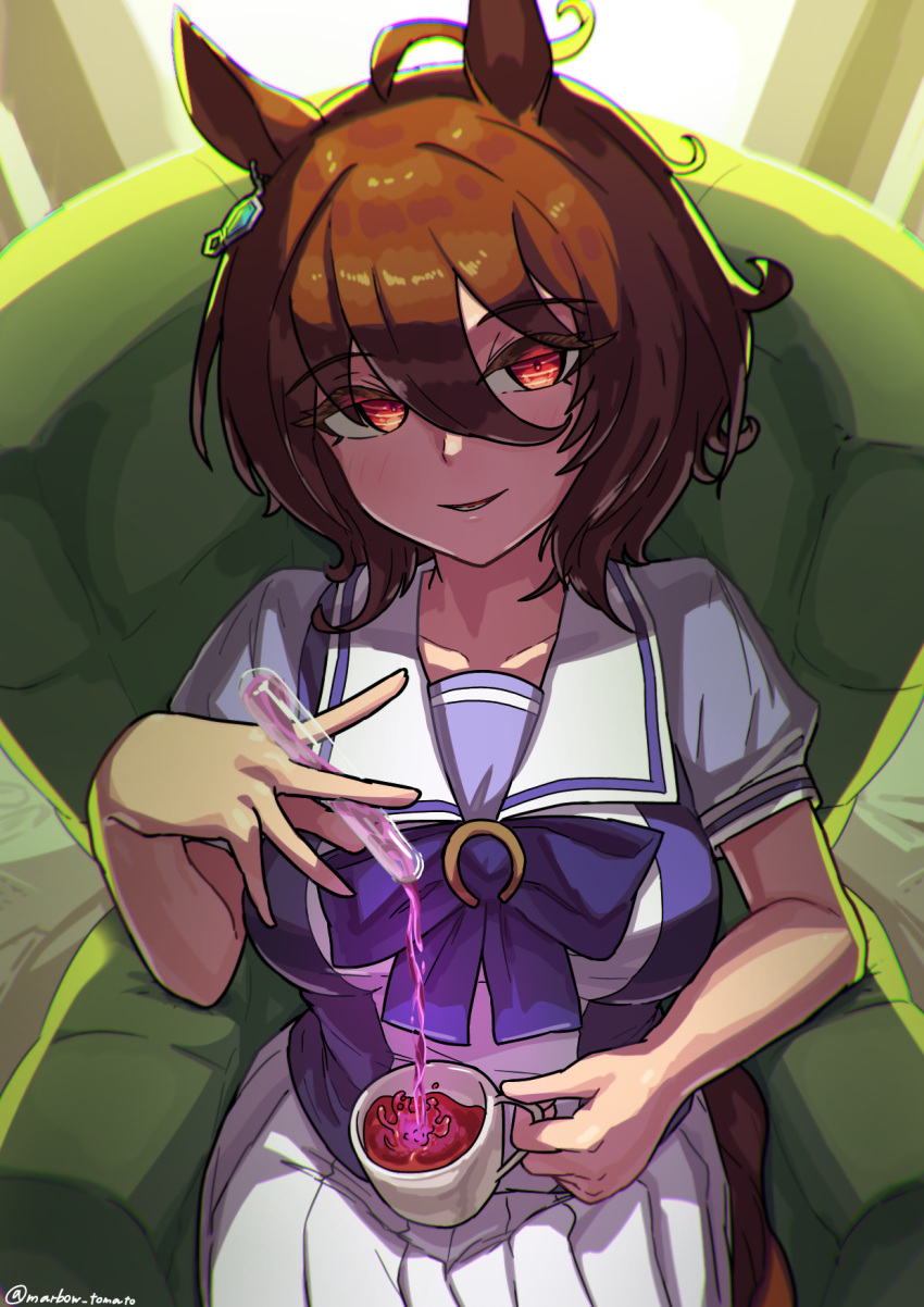 1girl, agnes_tachyon_(umamusume), ahoge, animal_ears, bow, breasts, brown_hair, chemical_structure