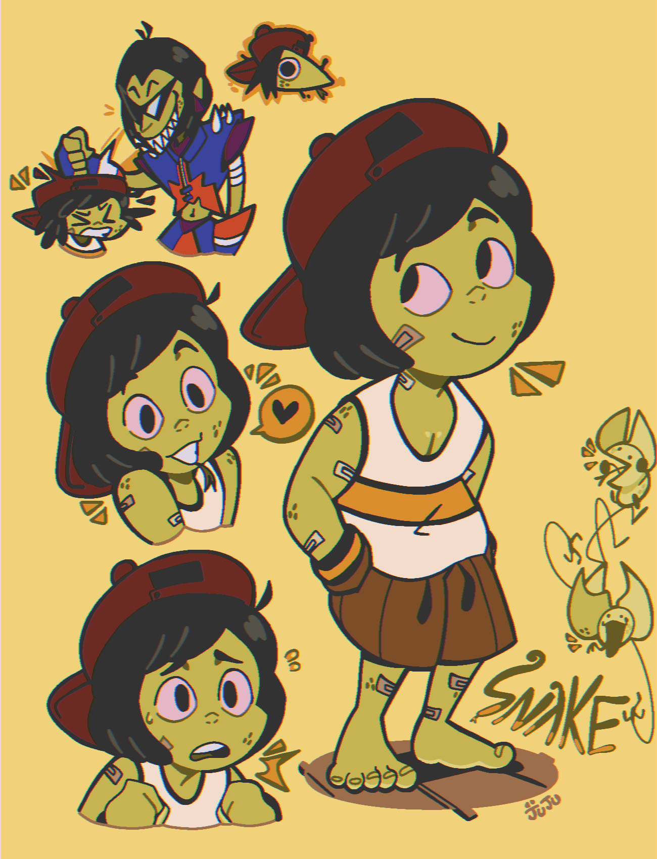 >_<, 1boy, 1girl, ace_(powerpuff_girls), backwards_hat, bandaid, bandaid_on_knee, bandaid_on_leg, barefoot, baseball_cap, black_hair, brown_skirt, colored_sclera, colored_skin, commentary, english_commentary, full_body, genderswap, genderswap_(mtf), green_skin, hat, heart, highres, hitting, juju_(jululu), multiple_views, open_mouth, powerpuff_girls, red_headwear, red_sclera, short_hair, simple_background, skirt, snake_(powerpuff_girls), speech_bubble, spoken_heart, standing, tank_top, teeth, toenails, toes, upper_teeth_only, white_tank_top, yellow_background