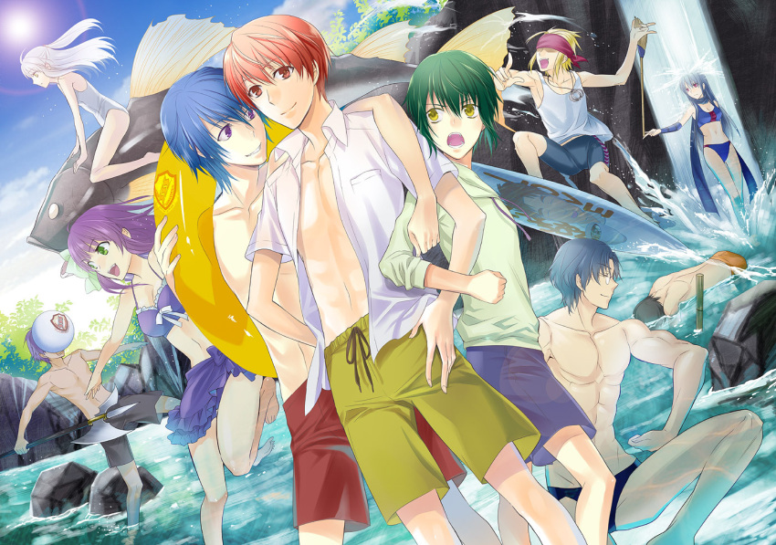 axe, ball, beachball, bikini, broom, dress_shirt, dutch_angle, fish