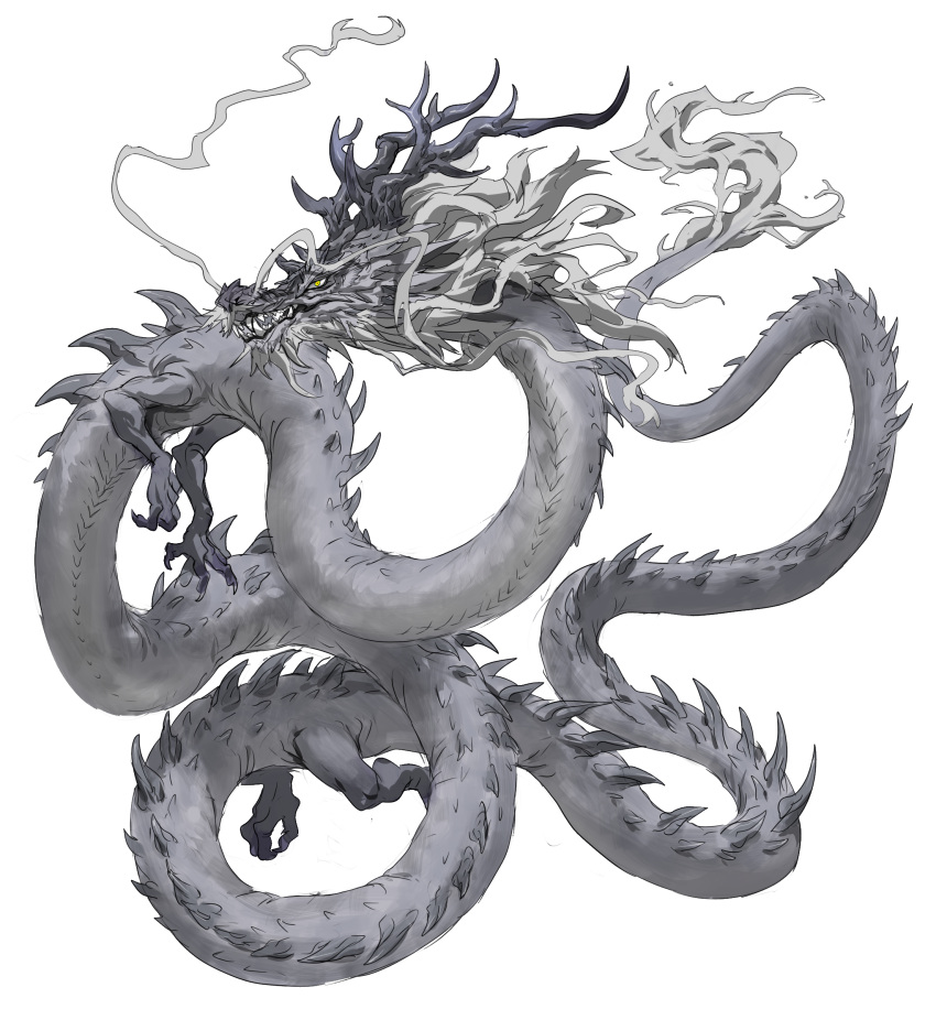 animal_focus, antlers, chinese_commentary, claws, commentary_request, dragon, eastern_dragon, floating, from_side, full_body, fur-tipped_tail, highres, horns, mane, monster, no_humans, open_mouth, original, profile, sharp_teeth, simple_background, solo, spikes, teeth, whiskers, white_background, xiaopizi32439, yellow_eyes