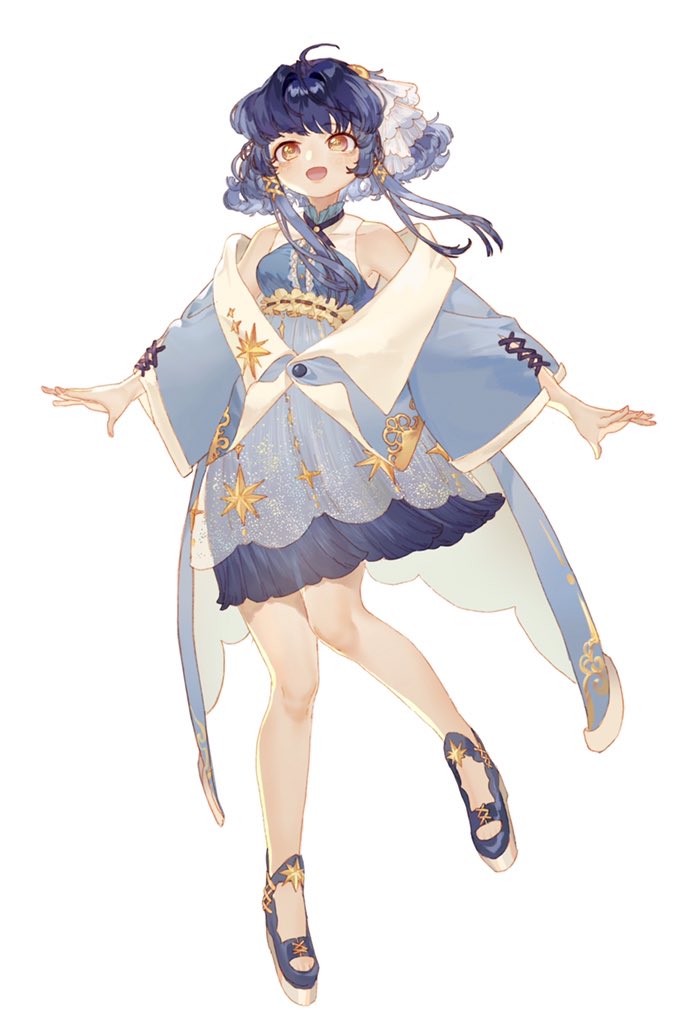 1girl, ahoge, bare_legs, bare_shoulders, blue_dress, blue_footwear, blue_hair, blue_jacket