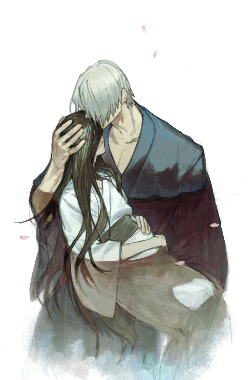 1boy, 1girl, absurdres, black_hair, blue_kimono, couple, covered_face, feet_out_of_frame, gegege_no_kitarou, grey_hair, hair_over_face, hand_on_another's_head, hand_up, hands_on_own_stomach, head_kiss, hetero, highres, husband_and_wife, iwako_(gegege_no_kitarou), japanese_clothes, kimono, kiss, long_hair, long_sleeves, medama_oyaji, medama_oyaji_(human), natsu_(rodysanp), obi, petals, pregnant, sash, short_hair, simple_background, sitting, sitting_on_lap, sitting_on_person, very_long_hair, white_background, white_kimono, wide_sleeves