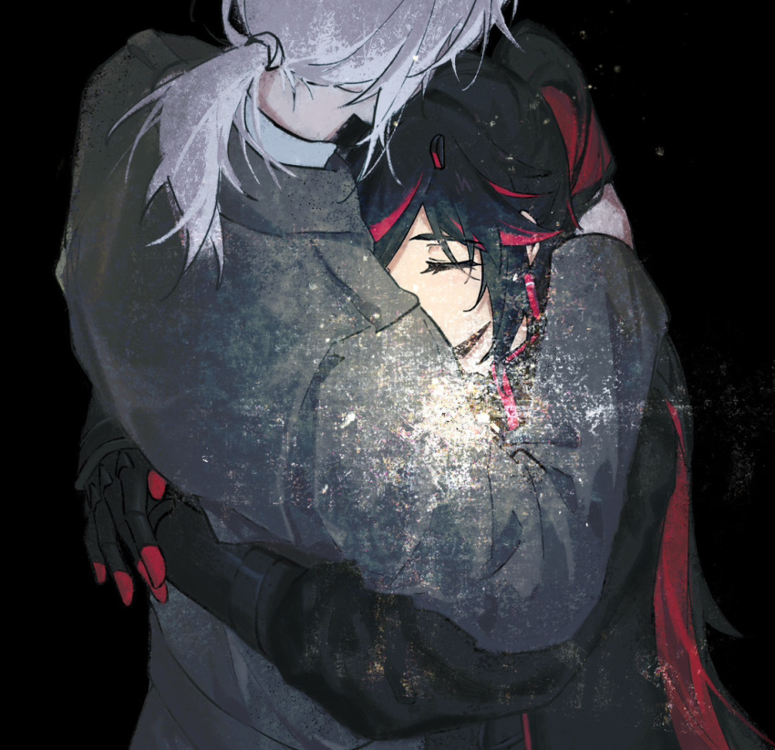 1boy, 1girl, black_hair, black_jacket, closed_eyes, colored_inner_hair, commandant_(punishing:_gray_raven), dangle_earrings, earrings, fake_horns, glitch, horns, hug, jacket, jewelry, low_ponytail, lucia:_plume_(punishing:_gray_raven), lucia_(punishing:_gray_raven), mechanical_hands, mechanical_horns, multicolored_hair, mutual_hug, punishing:_gray_raven, redhead, shirt, streaked_hair, turanjingmo, twintails, white_hair, white_shirt